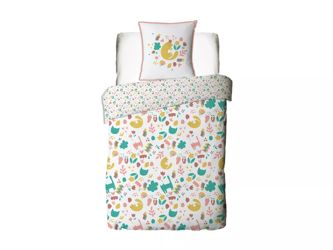 Parure de lit enfant chat réversible fleurie