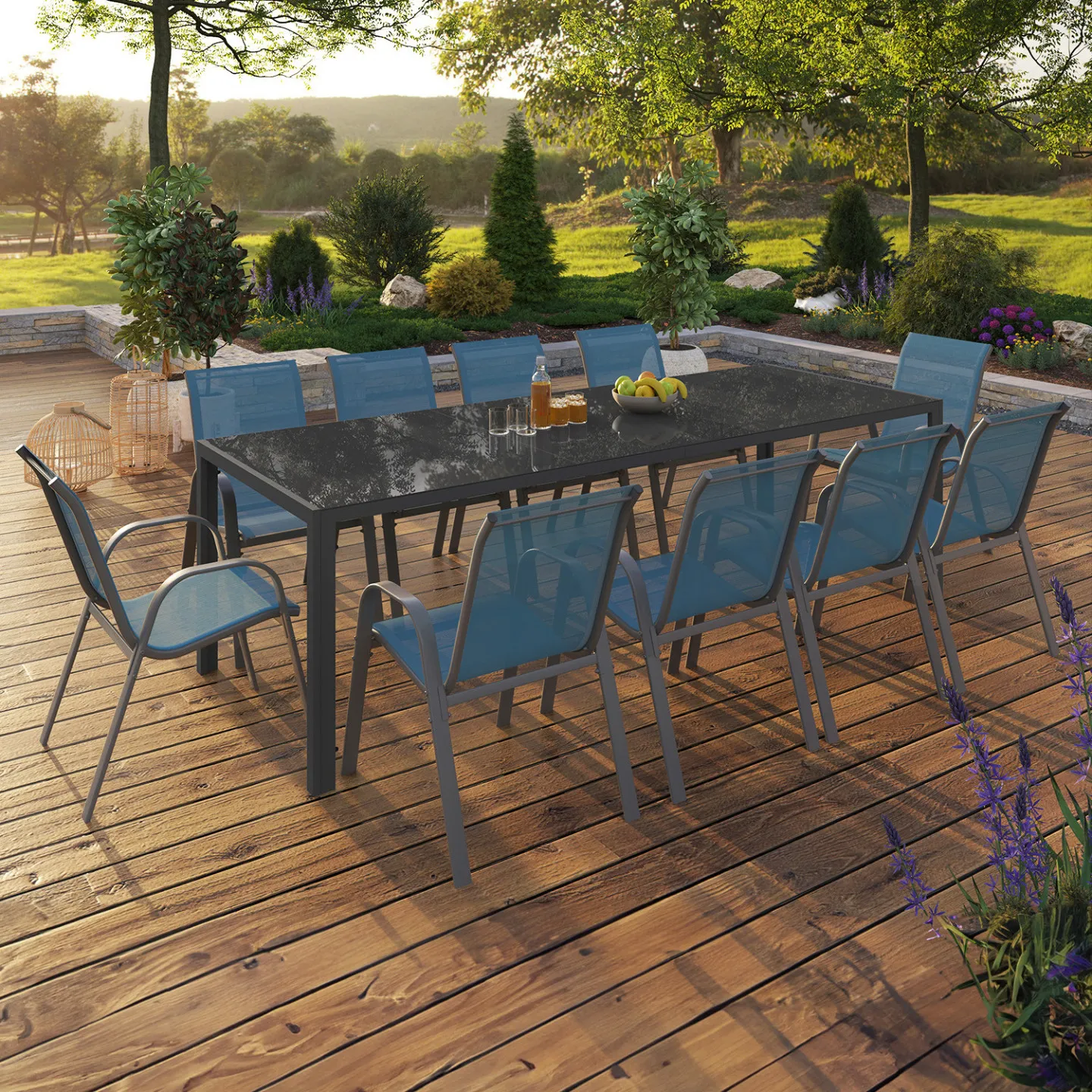 Salon de jardin MADRID table 240 CM et 10 chaises empilables bleu canard