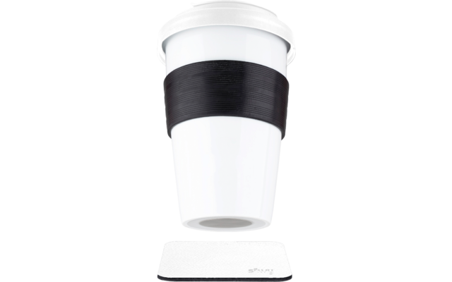 silwy® To-Go-Cup Porzellan Becher mit Deckel inkl. Metall-Nano-Gel Pad Untersetzer (350 ml)