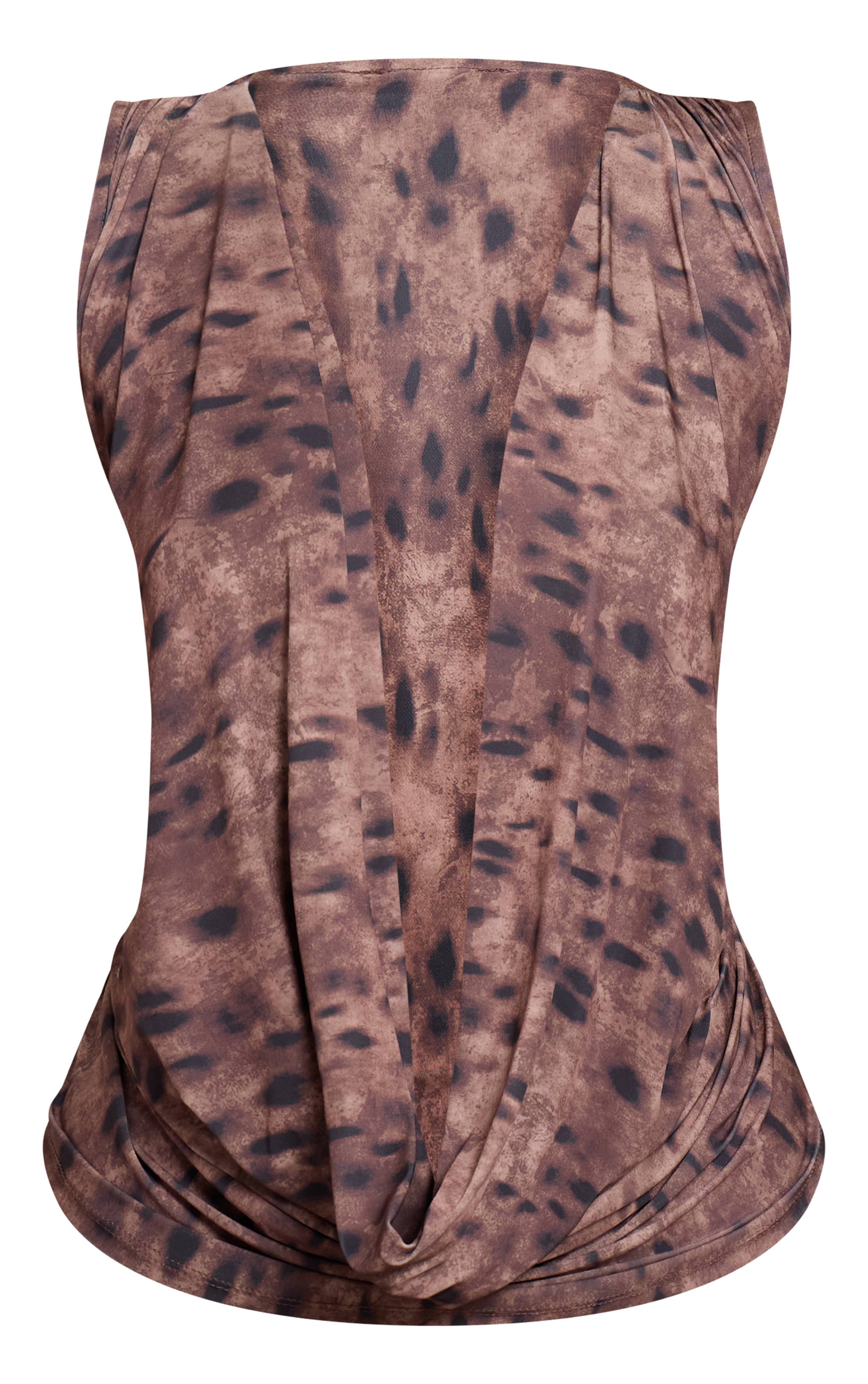 Gris Top À Col Bénitier Extrême Double Couche Slinky Imprimé Léopard