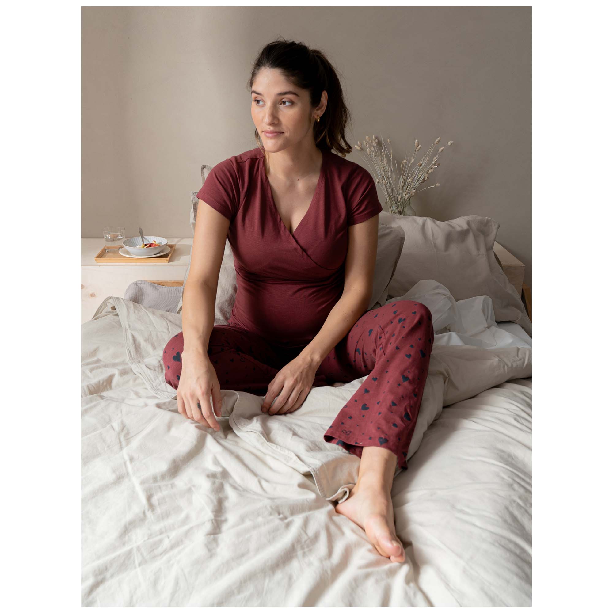 Prénatal zwangerschapspyjama T-shirt korte mouwen effen rood