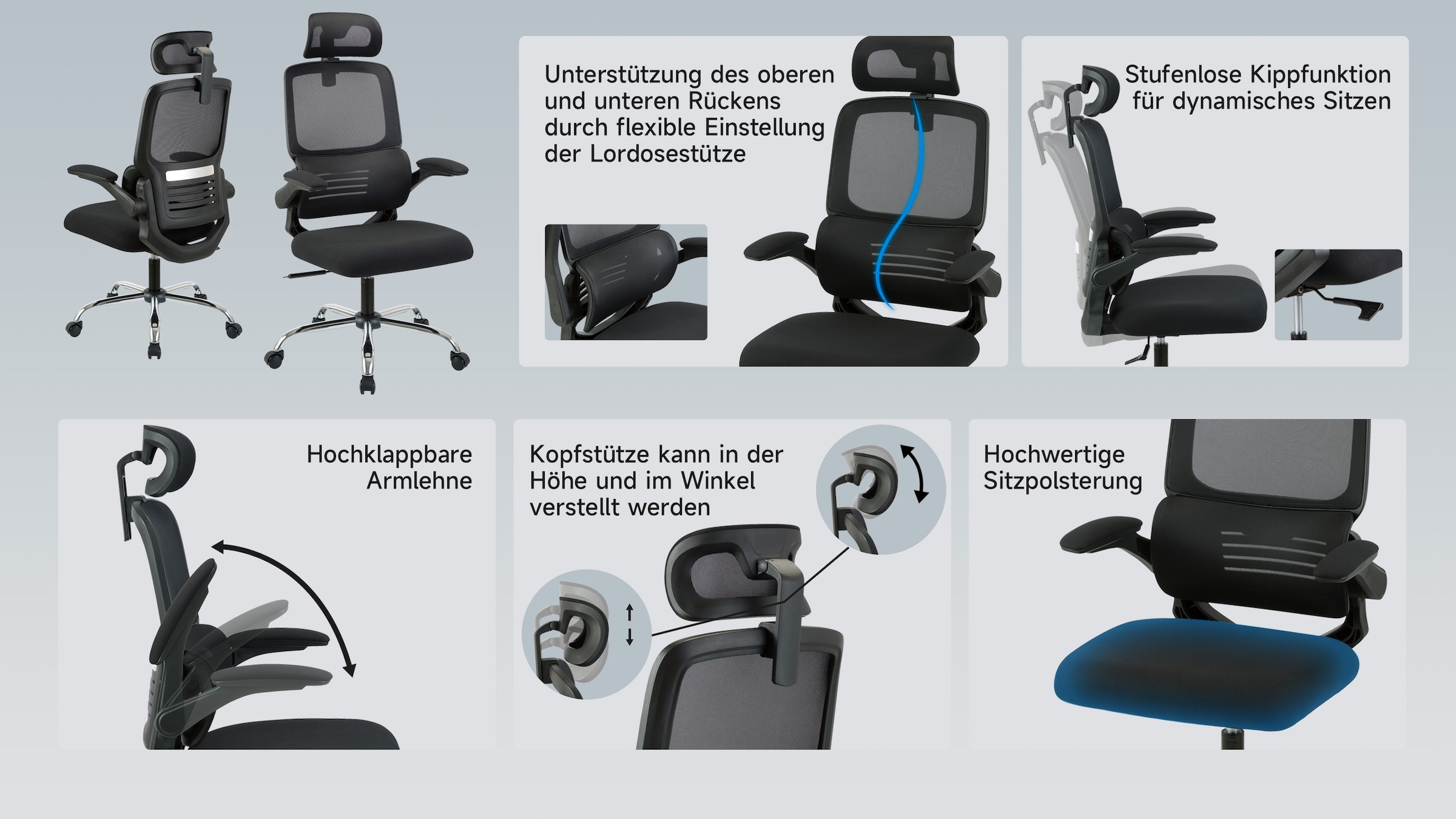 PLACES OF STYLE Bürostuhl »FABION« () mit Lordoseunterstützung, verstellbare Kopfstütze, klappbare Armlehnen