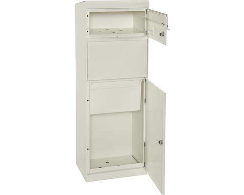 MEFA pakketbrievenbus, gepoedercoat plaatstaal, BxHxD 402/1091/310 mm, Esdoorn 661, zuiver wit RAL 9010, zijdemat, frontuitname, 2 compartimenten met naamplaatje