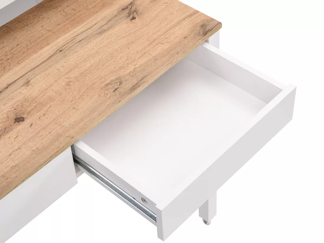Bureau console extensible avec 2 tiroirs - Blanc et naturel - LOAVIA