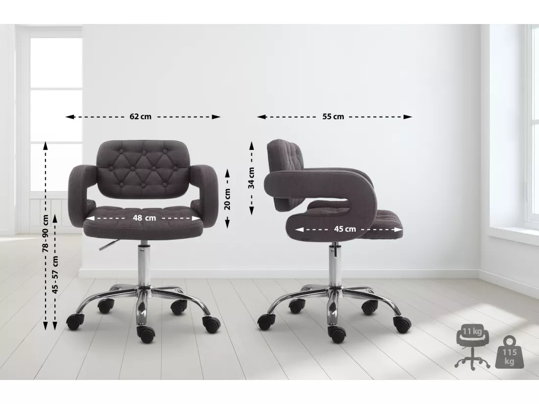 Chaise de bureau - Tissu & Métal chromé - Gris foncé - Dublin