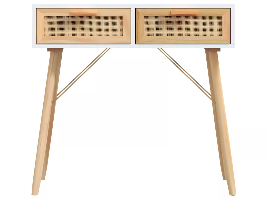 Table console Blanc 80x30x75 cm Bois massif pin /rotin naturel