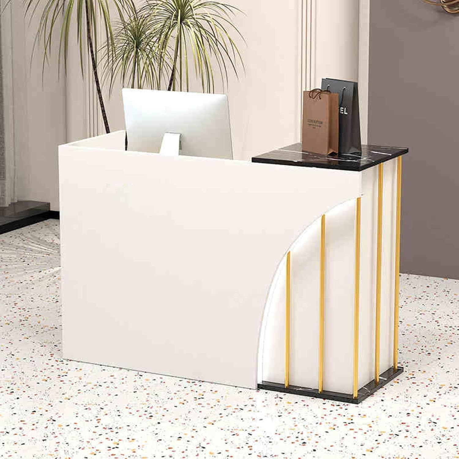 Moderner schwarzer Marmor-Empfangstheke mit LED-Licht, abschließbare Schubladen, private Paneele und Computer-Arbeitsplatz, ideal für Salon, Lobby oder Home Office