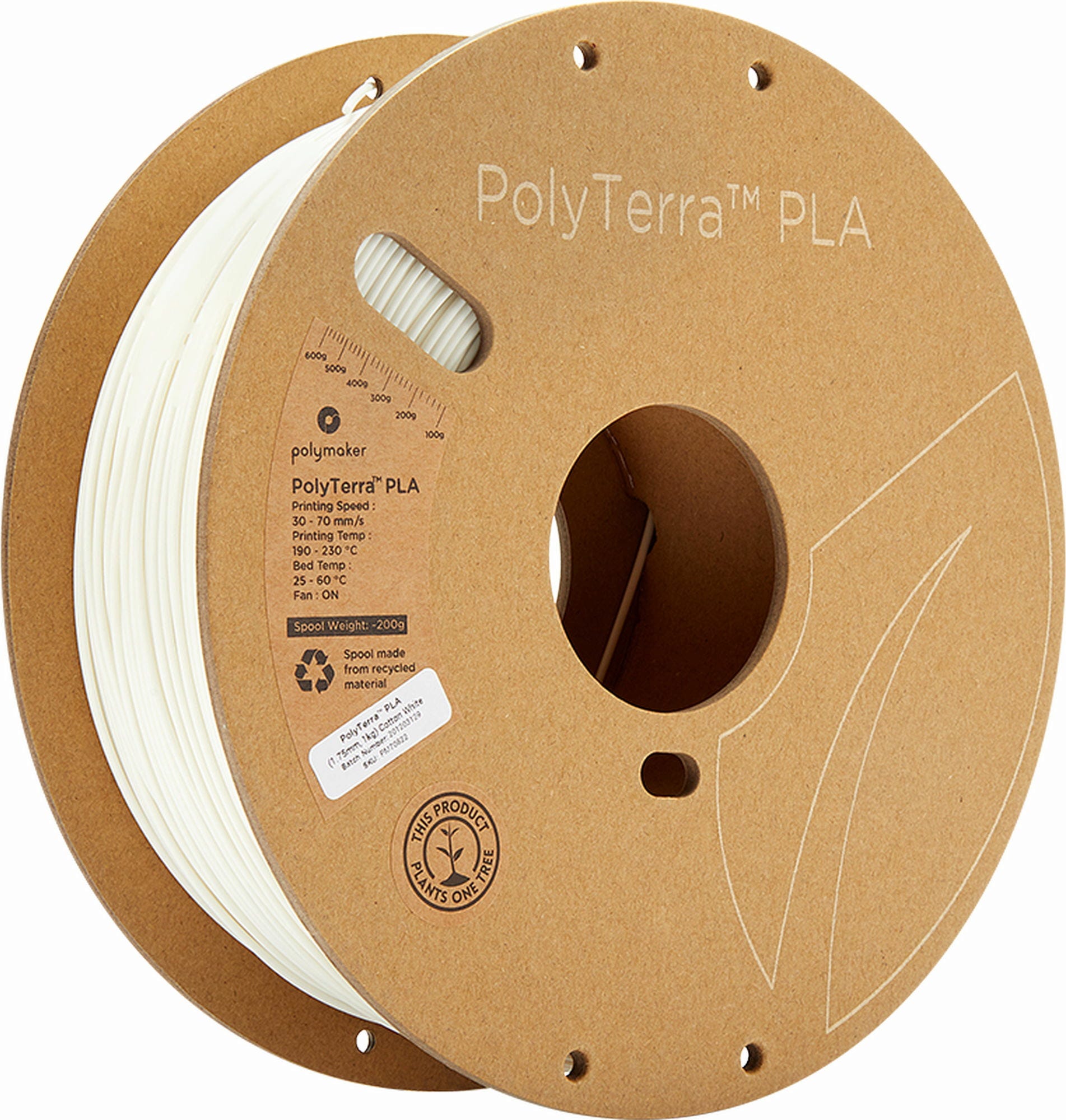 Polymaker  PolyTerra PLA Cotton White, 1,75 mm / 1000 g    Filament mit reduziertem Kunststoffgehalt