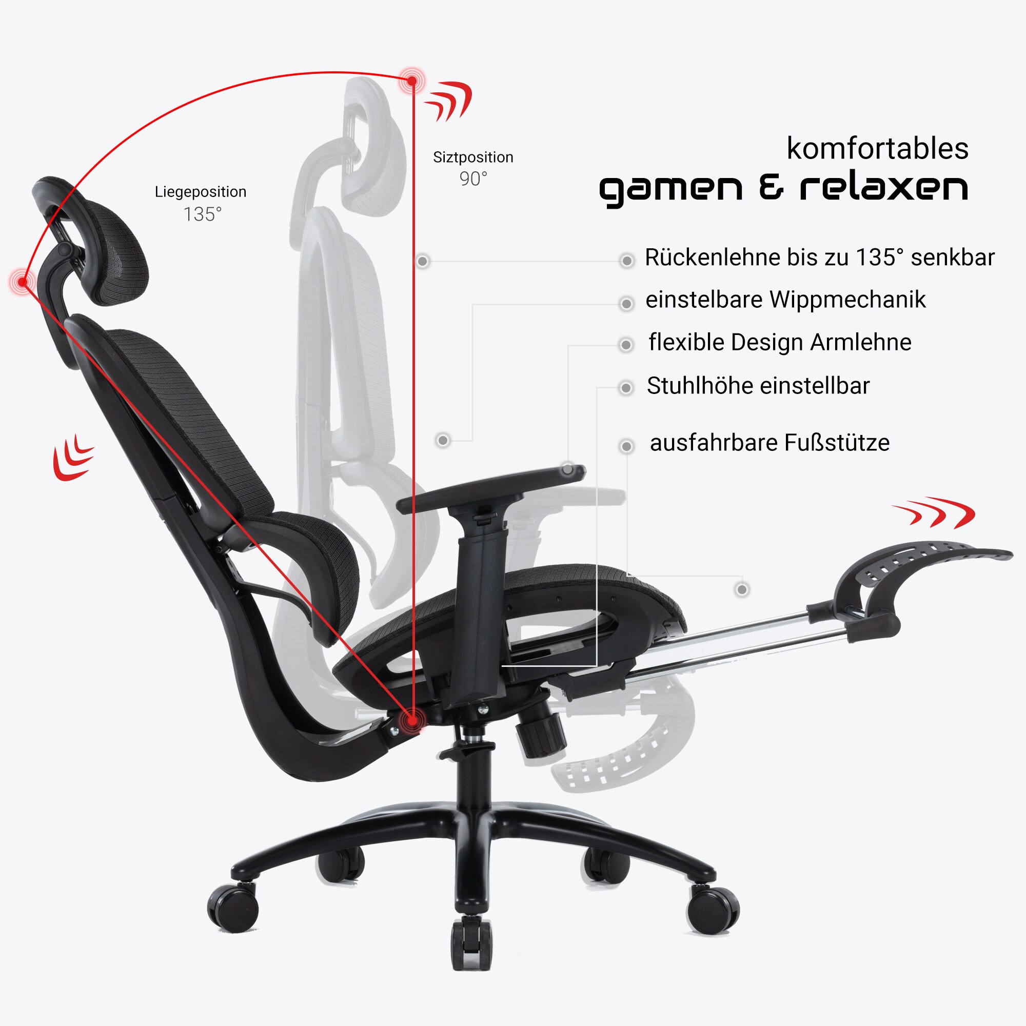 Bürostuhl in moderner Mesh-Optik mit Fußstützeergonomischer Drehstuhl mit Nacken und Lordosenstütze - Gamingstuhl mit atmungsaktiver Netzrückenlehne und Wippfunktion