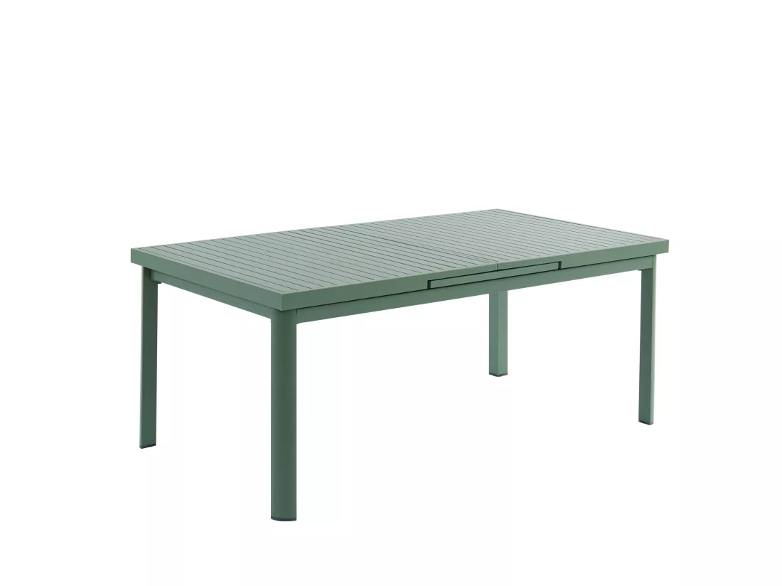 Salle à manger de jardin en aluminium : une table extensible L.180/240cm et 6 fauteuils empilables avec accoudoirs acacia - Vert amande - NAURU de MYLIA