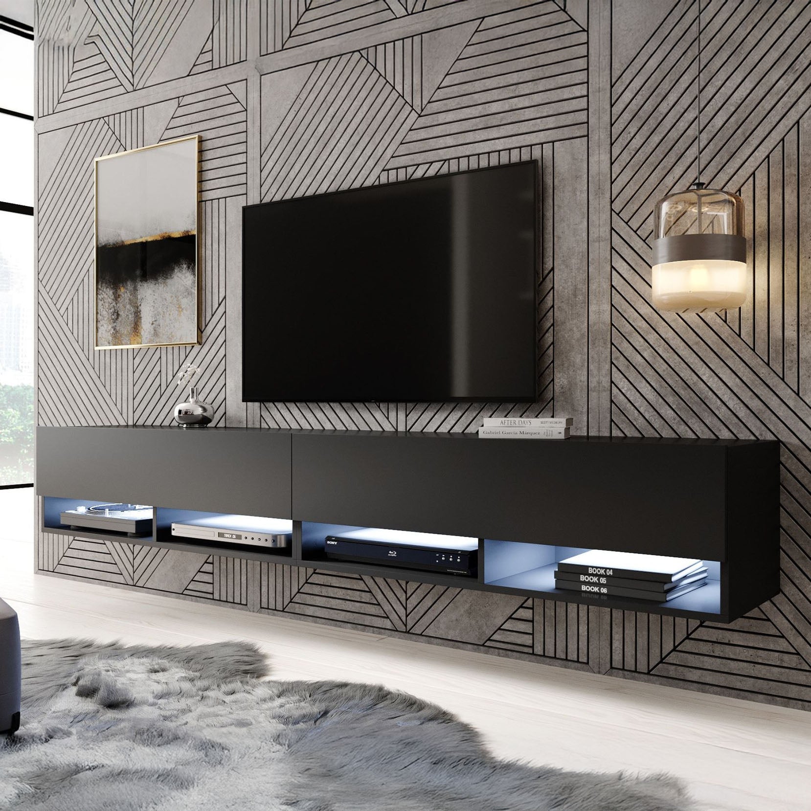Asino - TV-Meubel met verlichting - Mat zwart - 200 cm