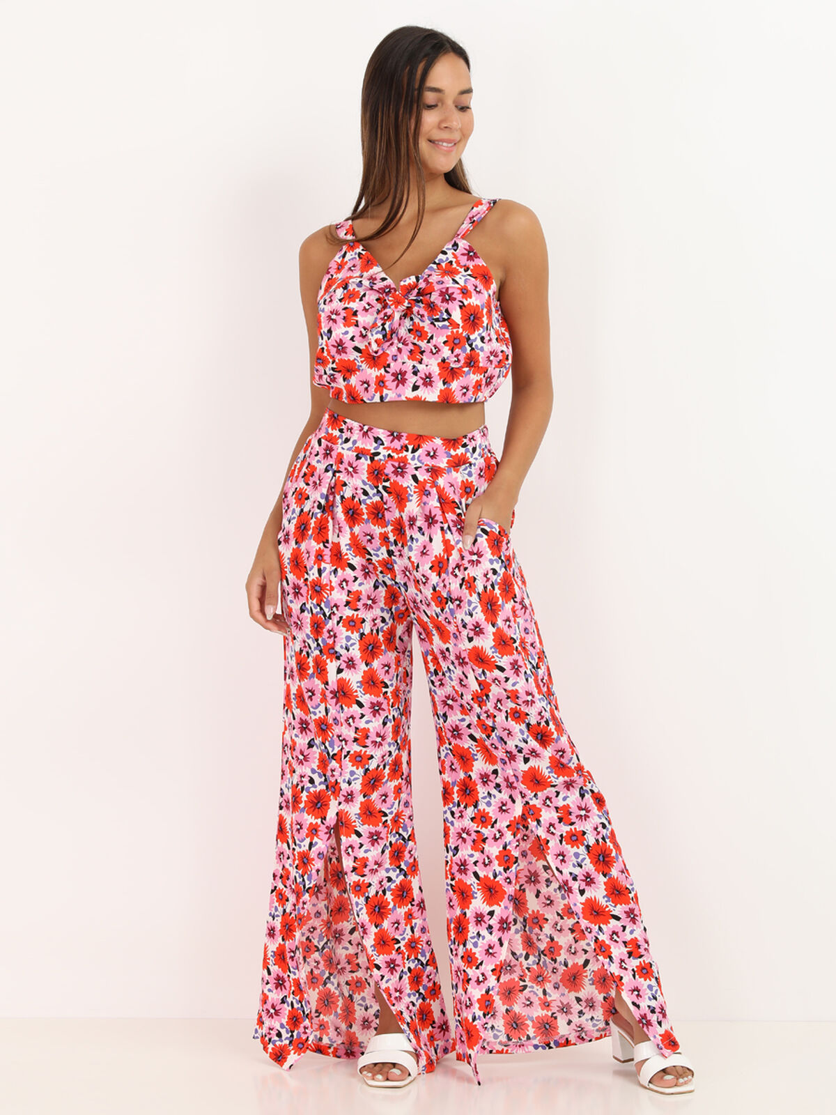 Ensemble pantalon crop top à fleurs- Blanc