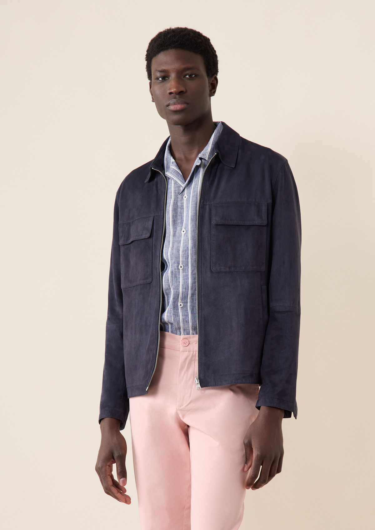 Blouson en cuir nubuck bleu marine
