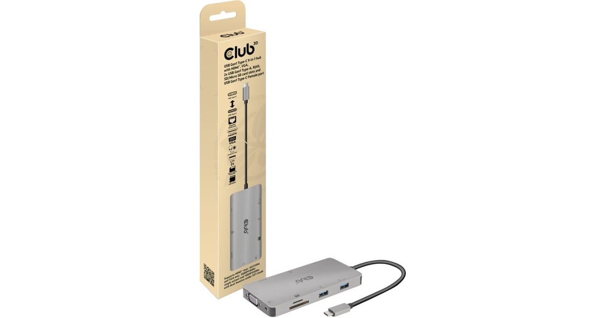 Club 3DUSB Gen 1 Type-C 9-in-1 Hub dockingstation  (Grijs)