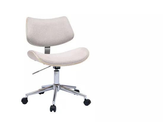 Chaise de bureau à roulettes design en tissu effet velours texturé beige, bois clair chêne et métal MALMO