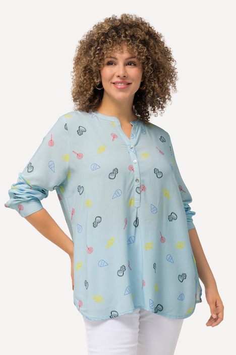 Bluse, Comic-Druck, Stehkragen, V-Ausschnitt, Langarm