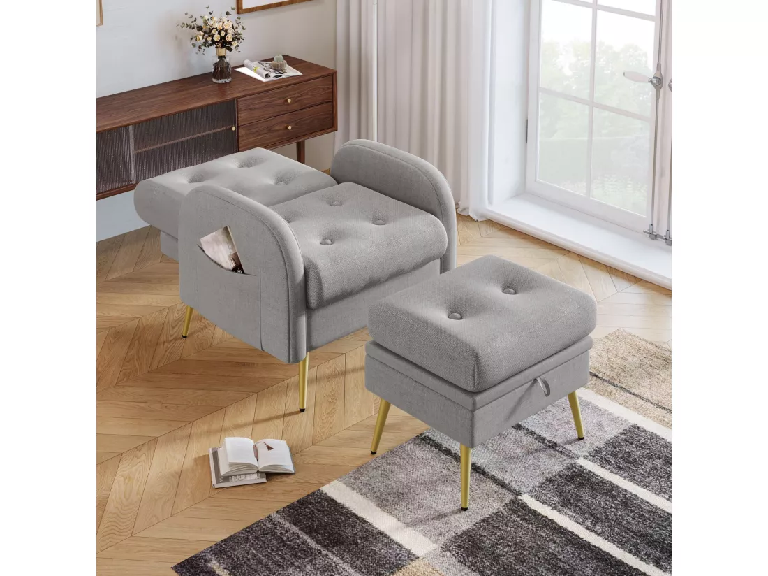 Fauteuil longue avec repose-pieds, dossier réglable en 3 positions, compartiment de rangement,Gris