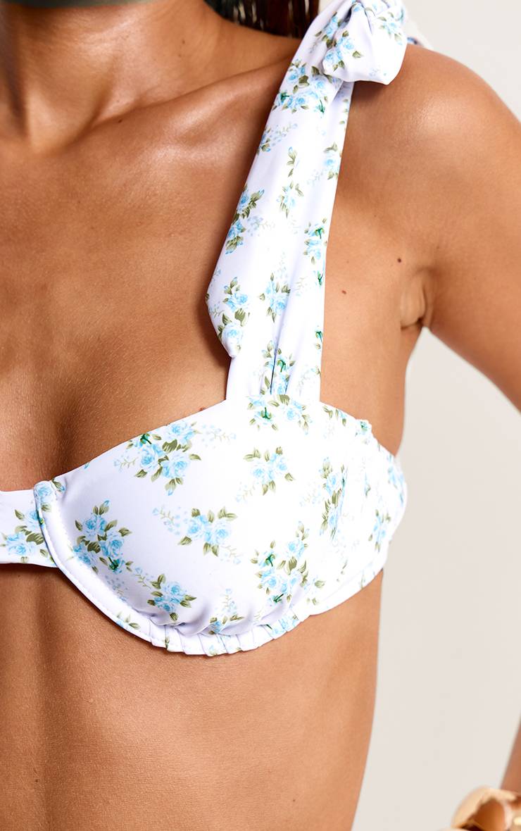 Blanc Haut De Bikini À Armatures À Imprimé Fleuri Ditsy Avec Bretelles Nouées