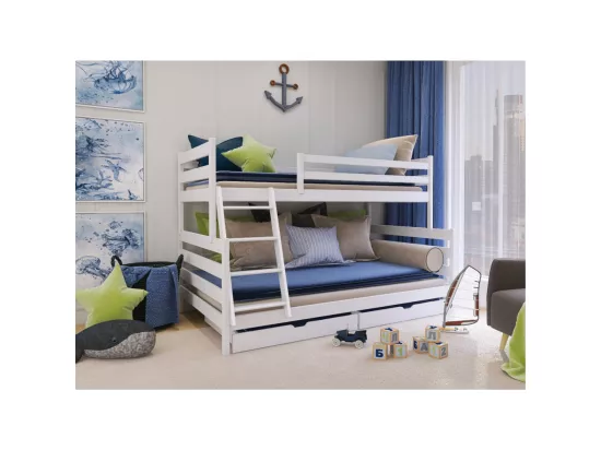Lit Superposé FANNY 90x200/120x200 Blanc - blanc Livré avec le sommiers et tiroir.