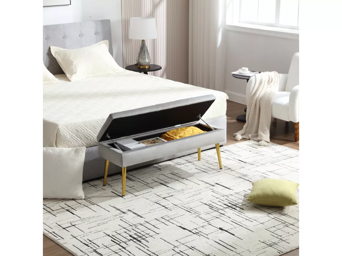 Banc de rangement, 111x35x44.5cm, pieds en métal doré pour salon, à l'entrée, à la chambre à coucher, en velours Gris clair