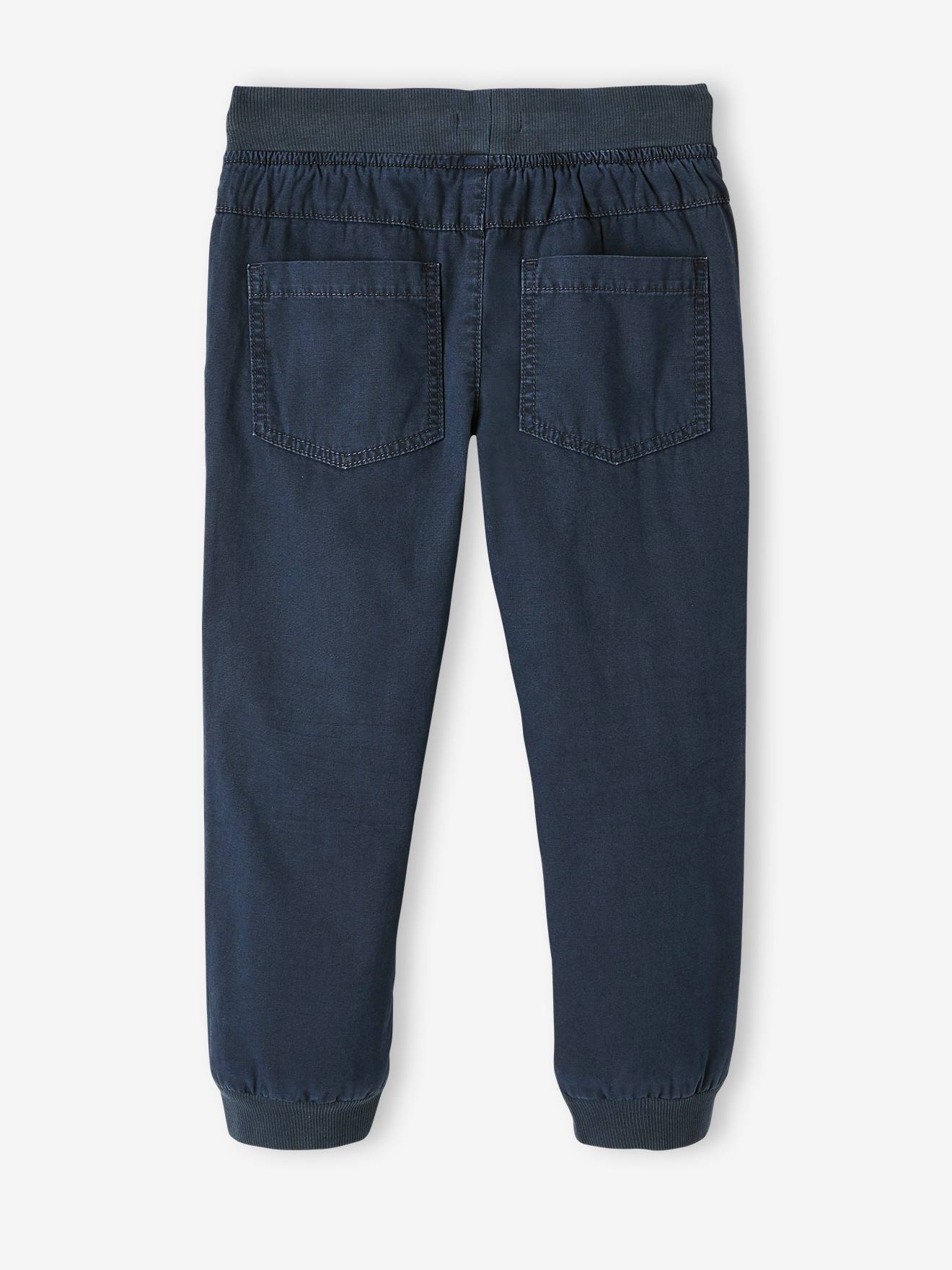 Calças de moletom forradas com lã polar, fáceis de vestir, para meninos, lisas na cor azul-escura com estampas.
