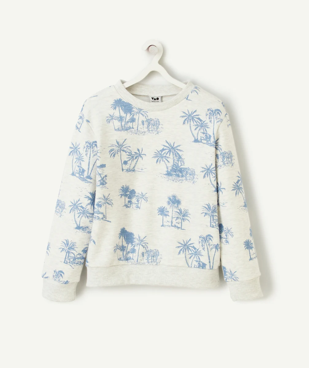 SWEAT GARÇON EN COTON BIO ÉCRU CHINÉ IMPRIMÉ PALMIERS