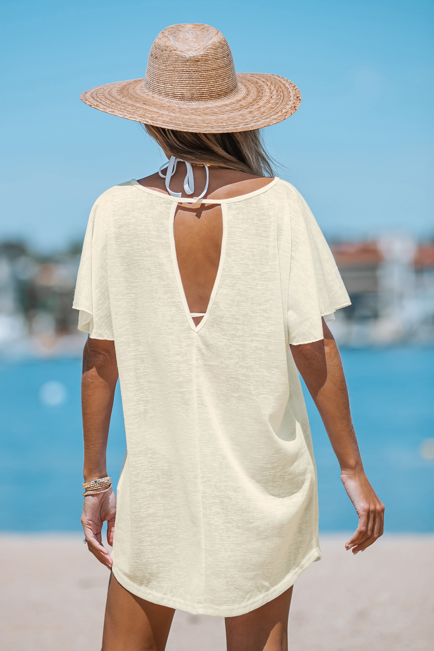 Robe cover up t-shirt beige en tricot flammé