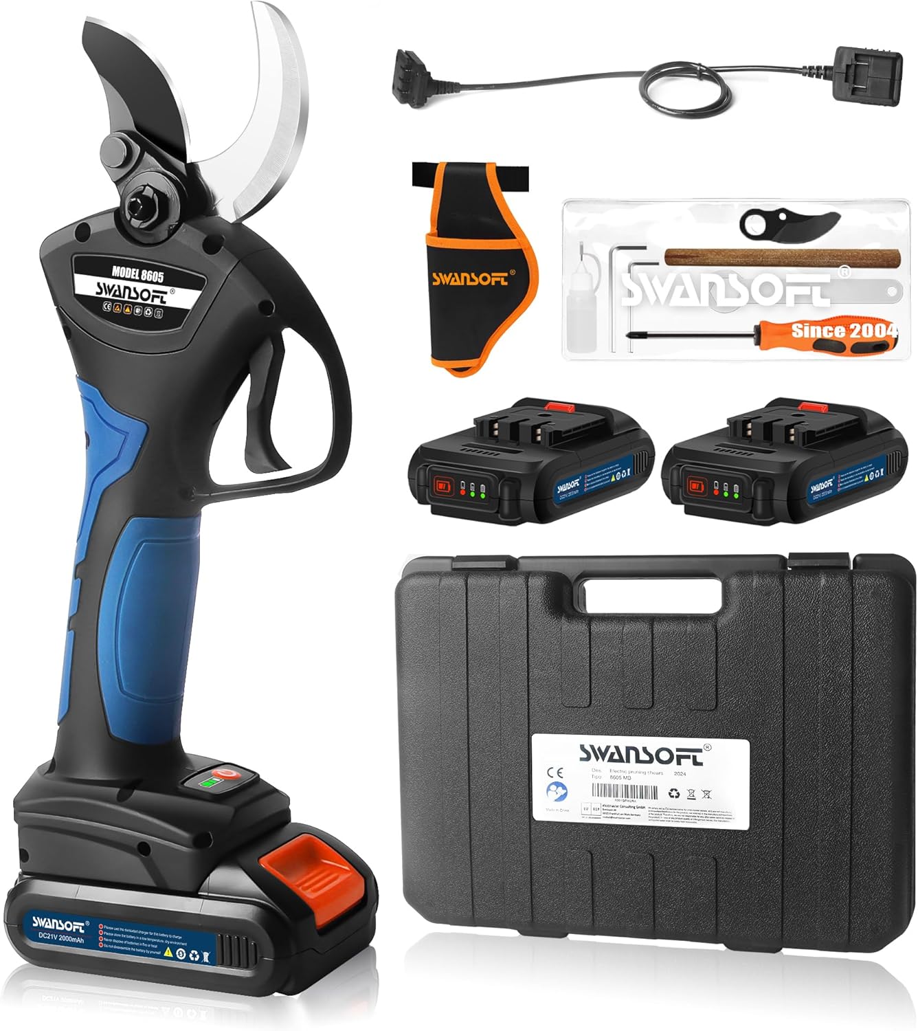 SWANSOFT 8605 Akku Astschere, 40mm Akku Gartenschere, 1050W 21V 2A Progressive Elektrische Astschere für Olivenbäume, Weinberg