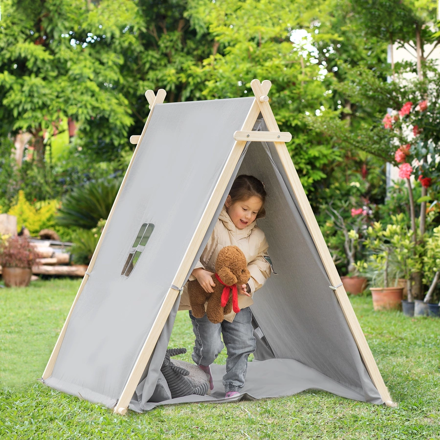 HOMCOM Kinder Tipi Zelt mit Kissen, Bodenmatte und Aufbewahrungstasche grau