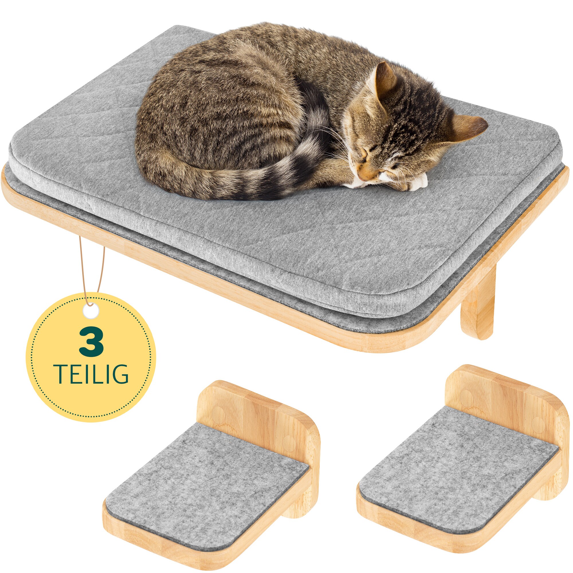 HAPPYPET Katzen Kletterwand Set 3-teilig für große Katzen– Wandkratzbaum mit Katzenbett, inkl. 4 x Katzenstufen Luxus Katzenwand Stabil, Katzenregal aus Massivholz, belastbar bis 45 Kg |2 Stufen M Kletterwand Set 2 M