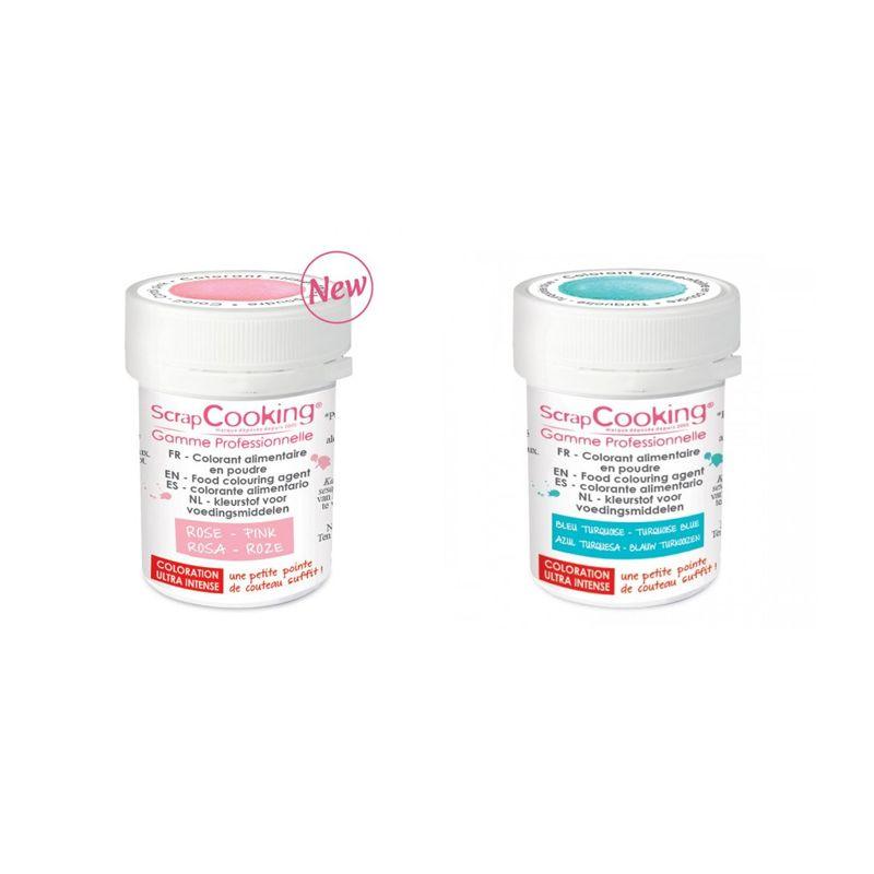 2 colorants alimentaires en poudre - turquoise-rose poudré Scrapcookin