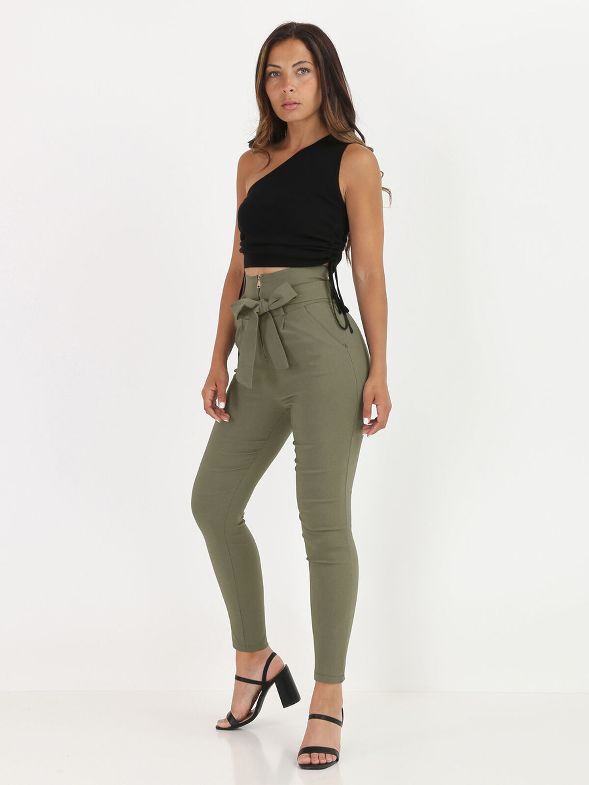 Pantalon taille haute à zip et ceinture- Kaki
