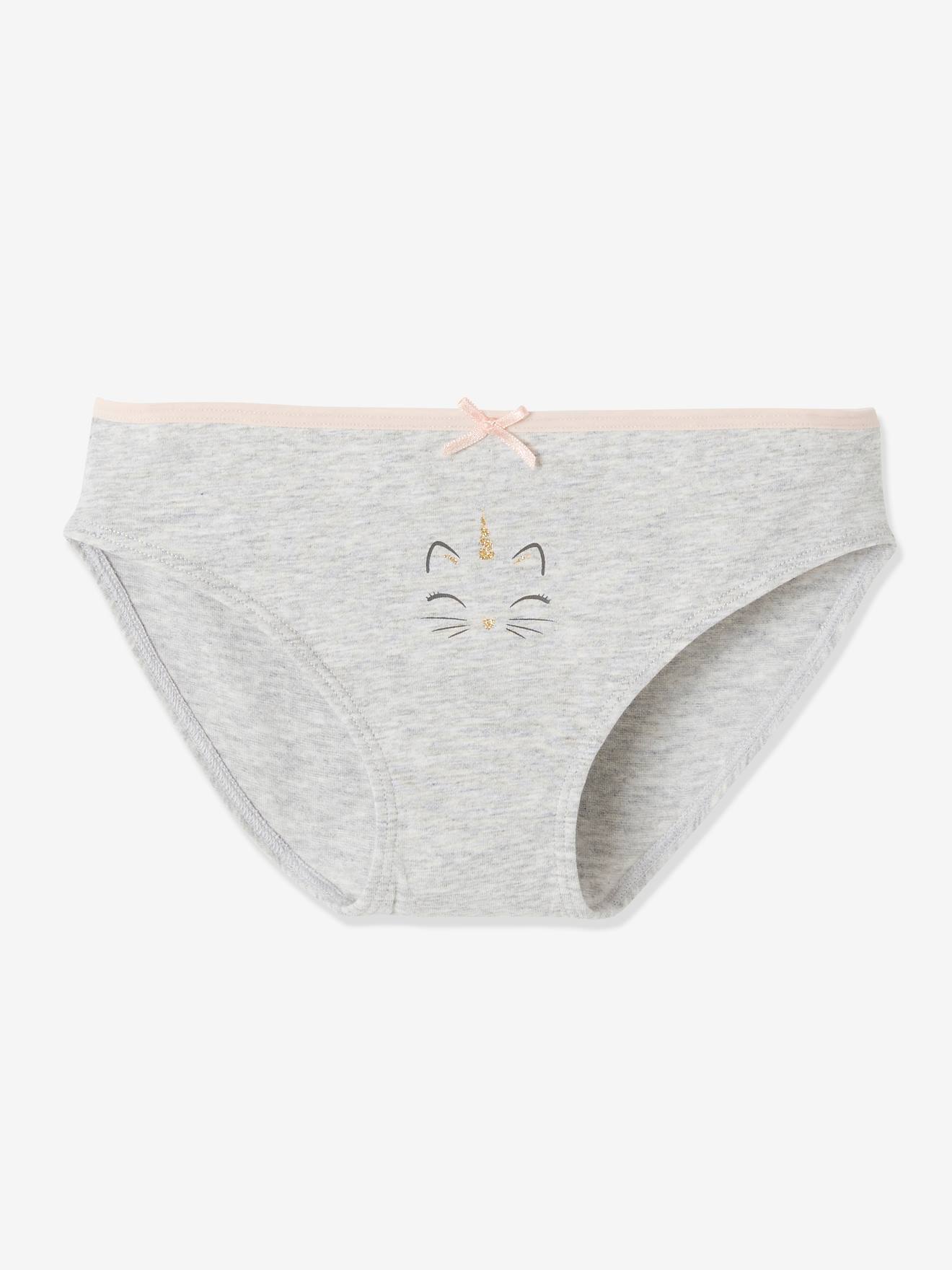 Conjunto de 3 calcinhas com estampas de gatos e unicórnios, para meninas, rosa claro liso com detalhes.