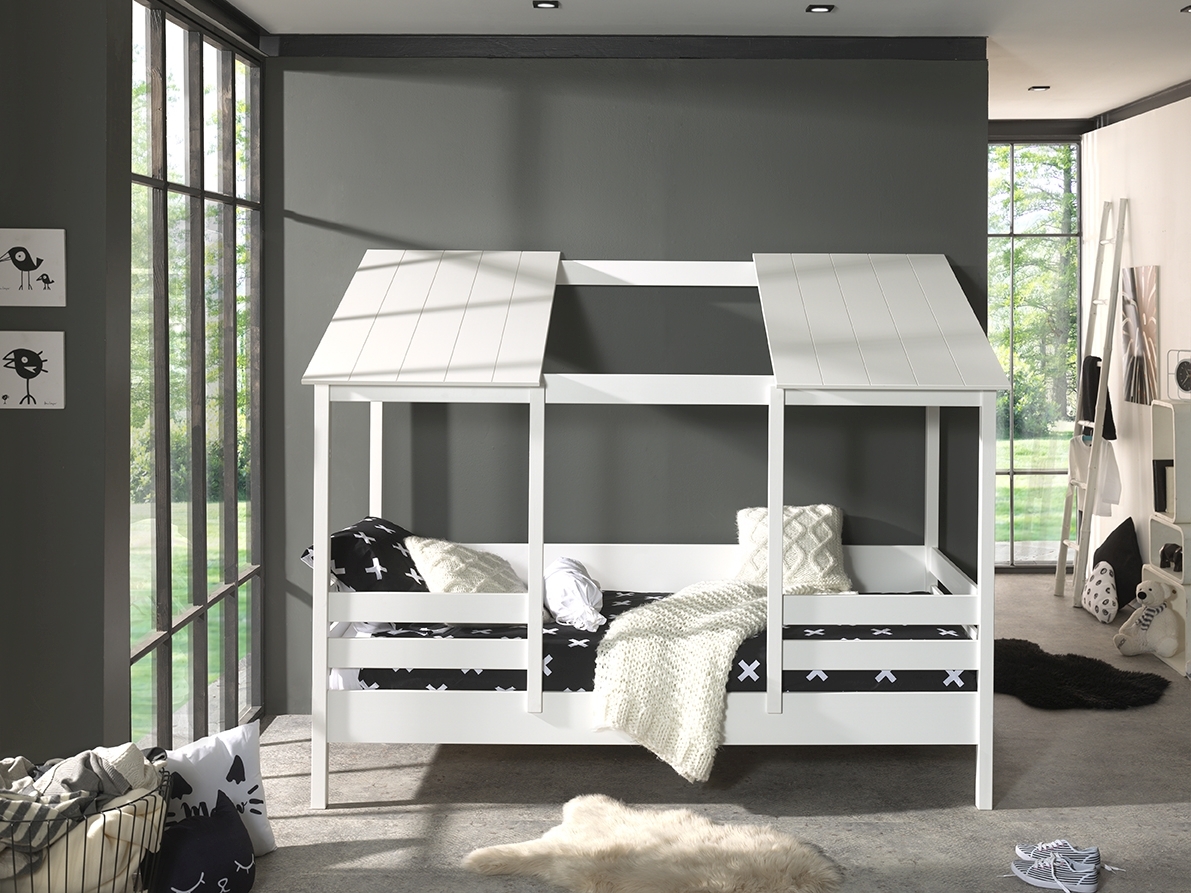 Hausbett-Set - weiß - mit Rollrattenrost - geteiltes Dach - 90x200 cm