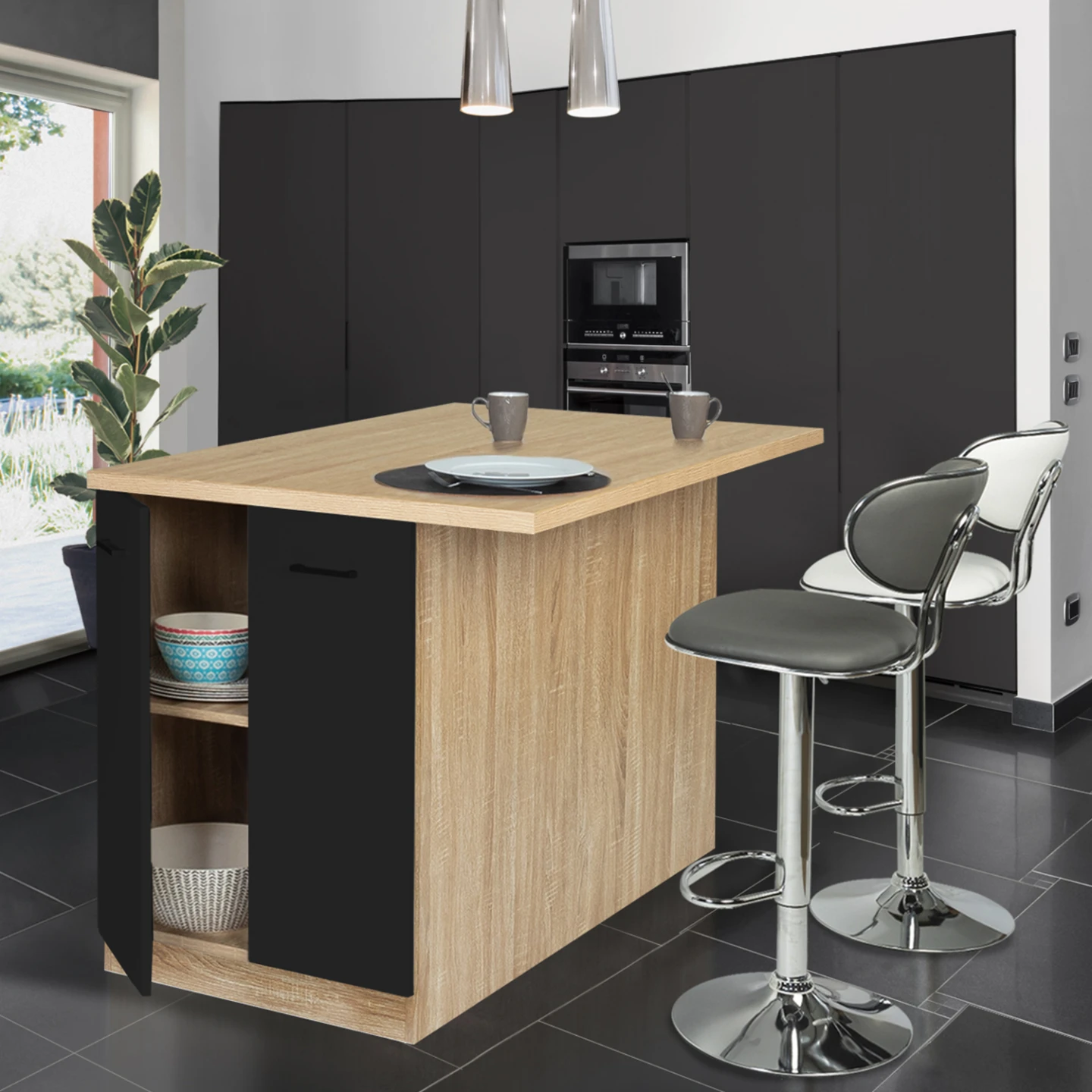 Ilot central IVO 120 cm bois façon hêtre portes noires avec plan de travail
