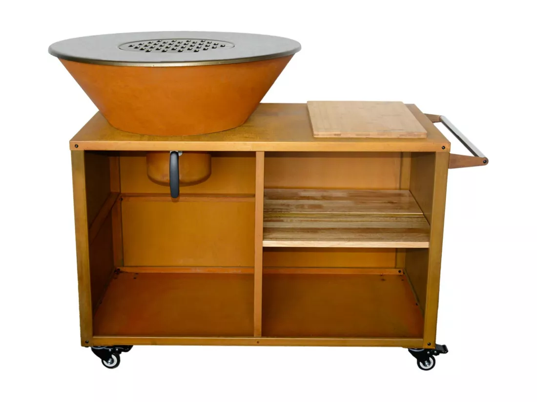 Braséro de cuisson Ø80cm - Stromboli - coloris corten avec grille de cuisson et espace de rangement. L 138 x P 82 x H 114 cm