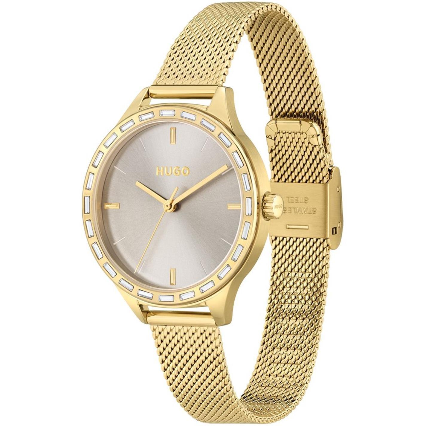 Hugo Flash Light Gold Mesh Strap Watch Womens