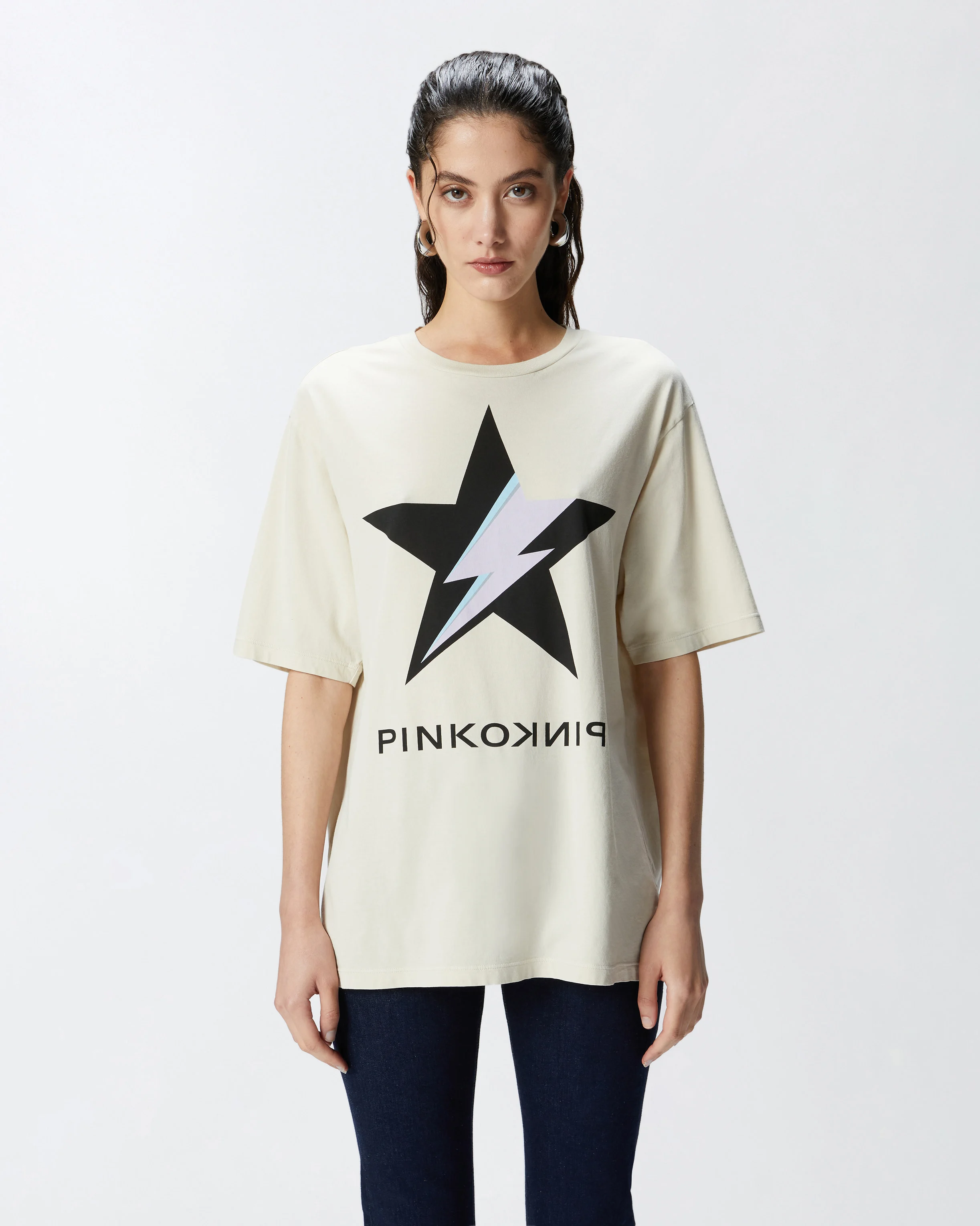 T-shirt en coton vieilli avec imprimé étoile | Blanc