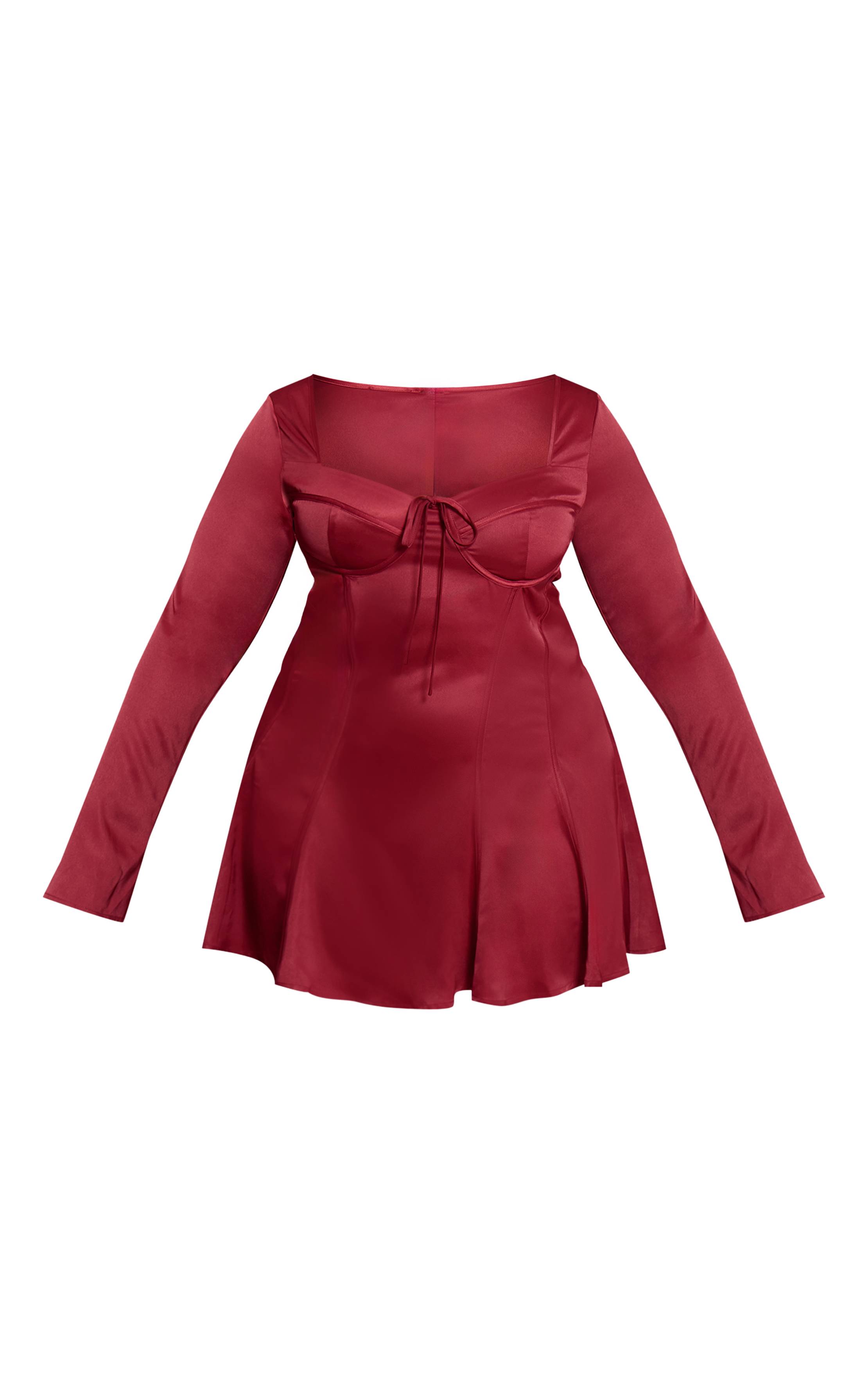 Rouge Bordeaux Robe Courte Grande Taille En Satin À Manches Longues