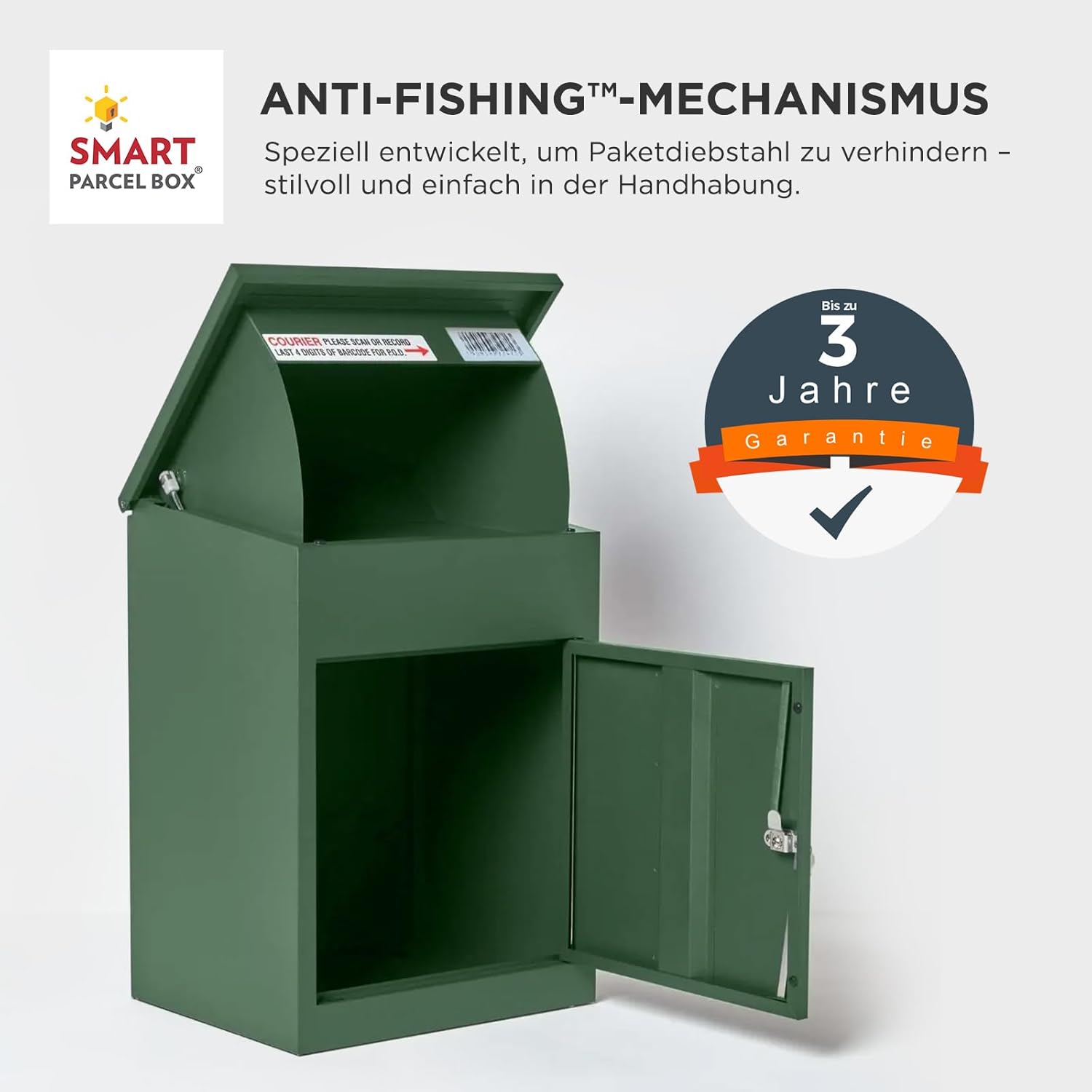 SMART PARCEL BOX Paketbox, Paketbriefkasten Wandmontage, Briefkasten mit Paketfach, Postbox für Pakete Outdoor mittelgroß, Paketkasten rostfrei verzinkter Stahl, 3 Schlüssel, 44x35x58 cm, grün