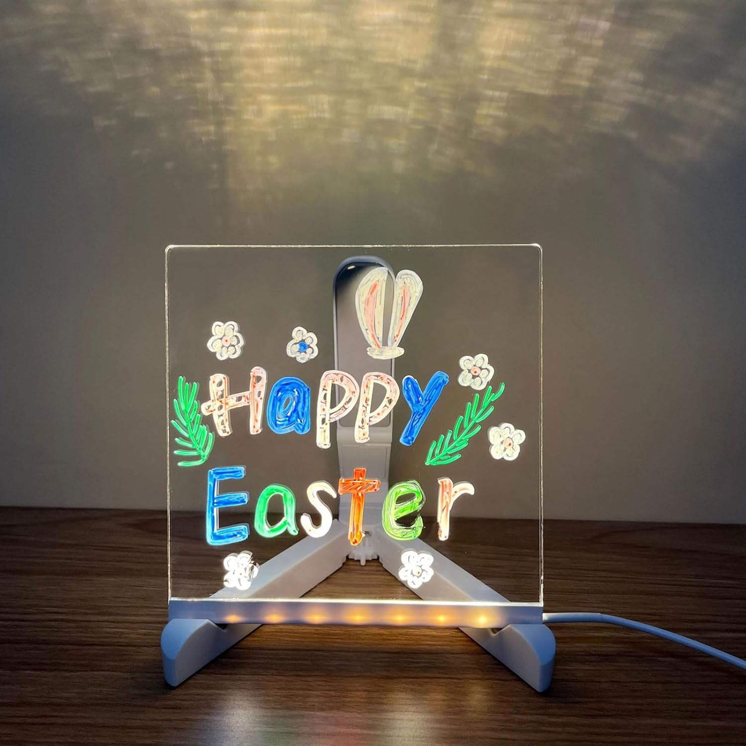 (20x20cm) LED Acryl Notiztafel DIY Message Board Beschriftbare USB Leucht Nachrichten Tafel Deko Schreib Brett inkl. Ständer / Stifte / Reinigungstuch