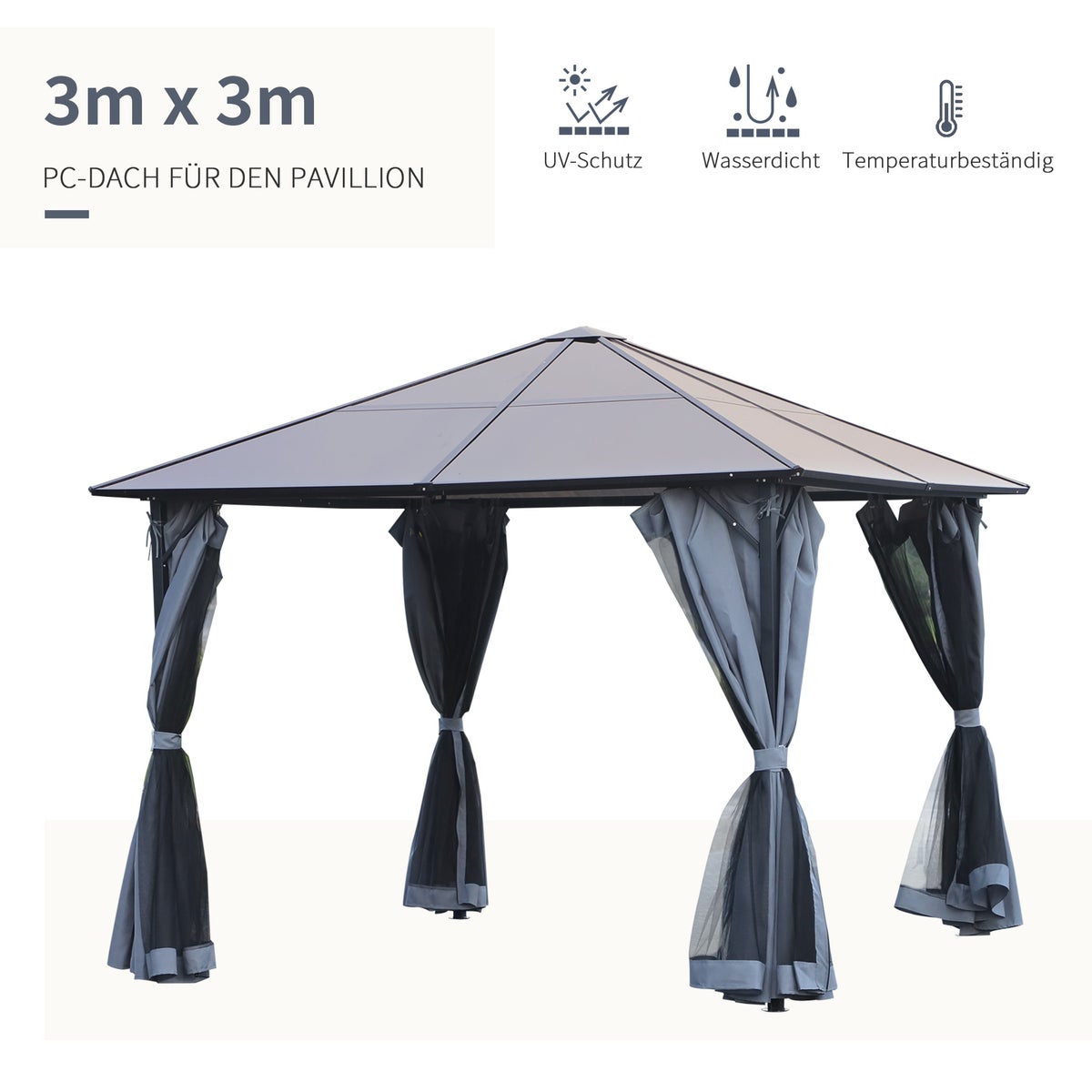 Outsunny paviljoen, 3 x 3m tuinpaviljoen, 300L x 300B x 265H cm, PC, aluminium, donkergrijs