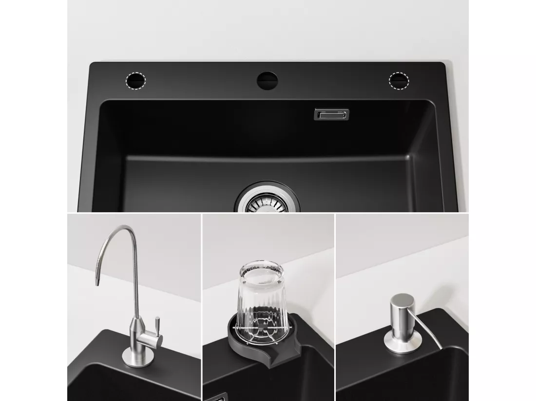 Noir Evier en Quartz et Résine avec Panier de Vidange et Distributeur de Savon 60*45*20cm + Mitigeur avec Douchette Extractible, Brossé