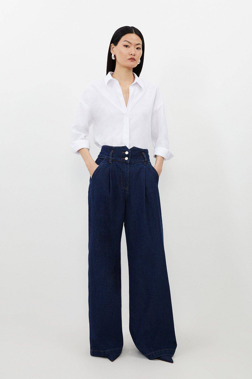 KarenMillen Pantalon en jean à jambes larges pour femmes de petite taille
