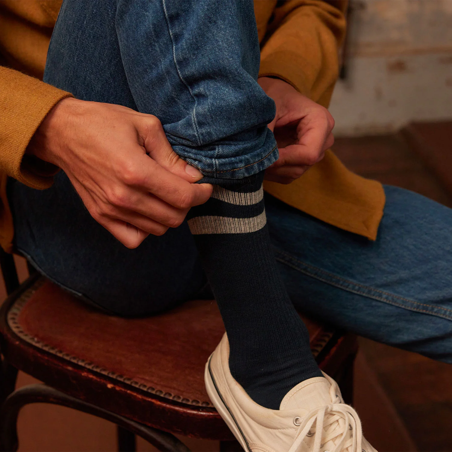 Navy and gray striped socks