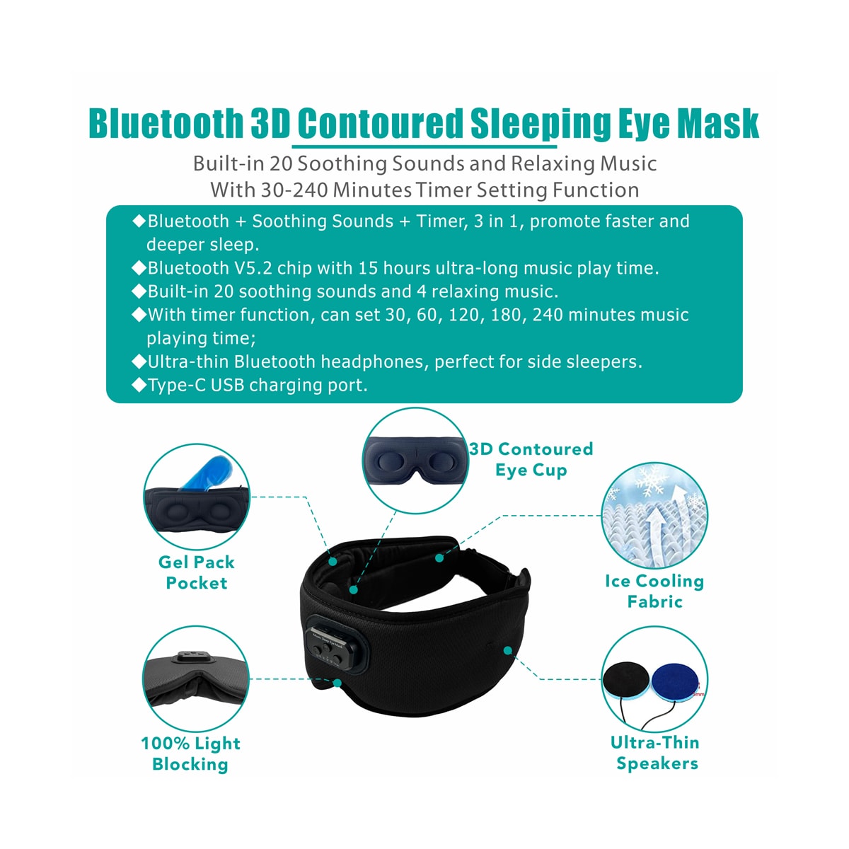 3D-søvnmaske Bluetooth-sovehodetelefoner Sort