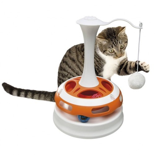 Brinquedo de carrossel laranja e branco para gatos