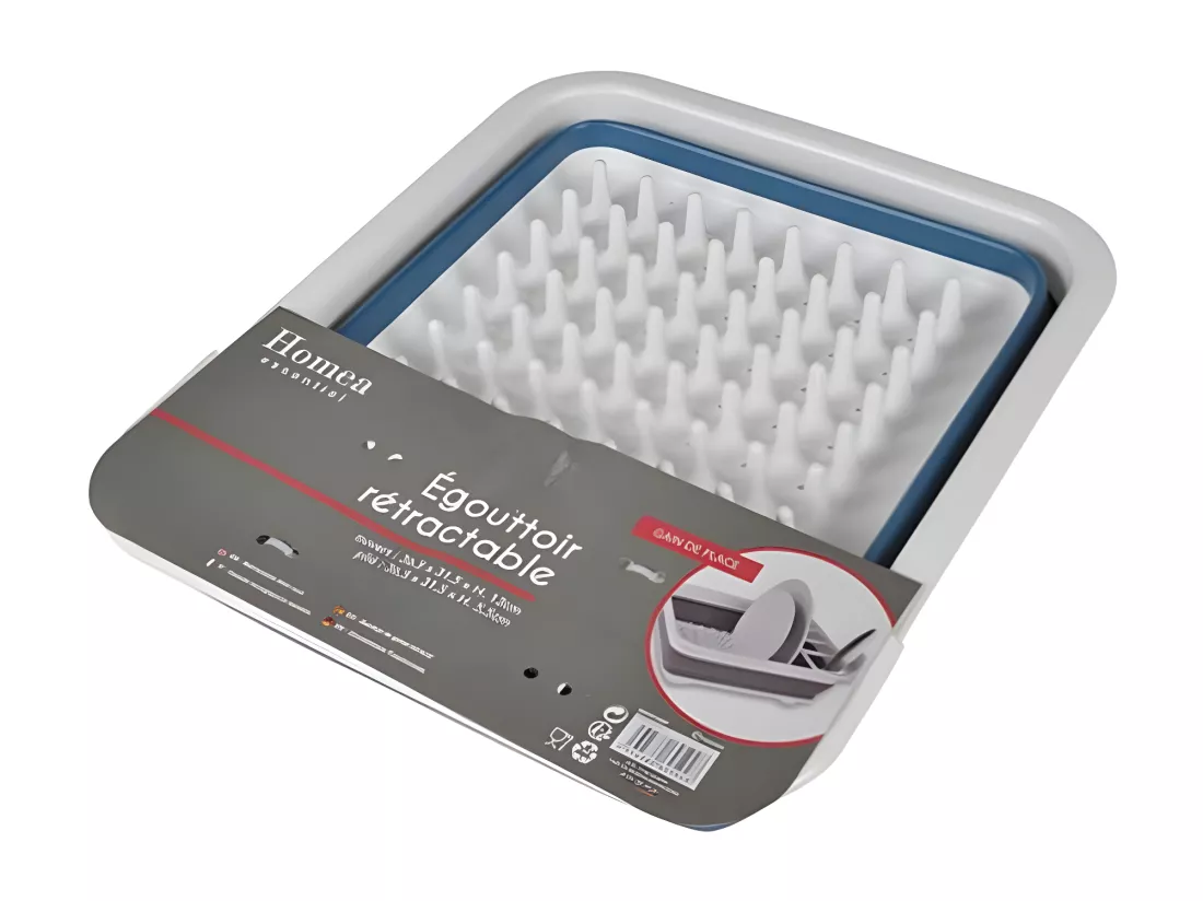 Égouttoir à vaisselle rétractable - Blanc/Bleu Paon - L 36,5 x l 31.5 x H 13 cm