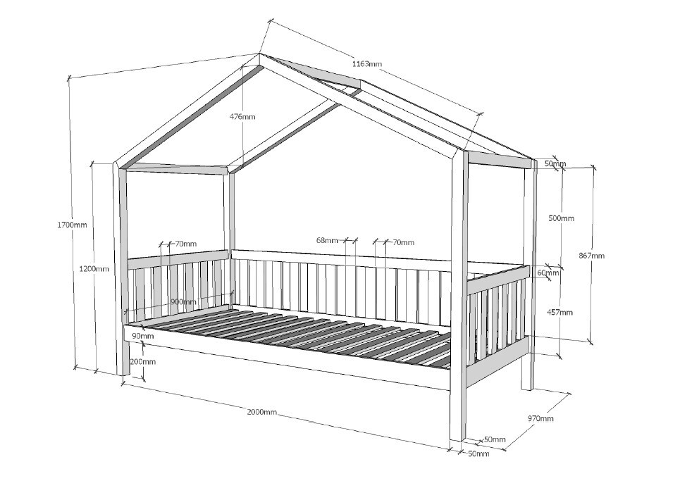 Dallas 1 Hausbett mit seitlicher Umrandung 90 x 200 cm Liegefläche, Natur