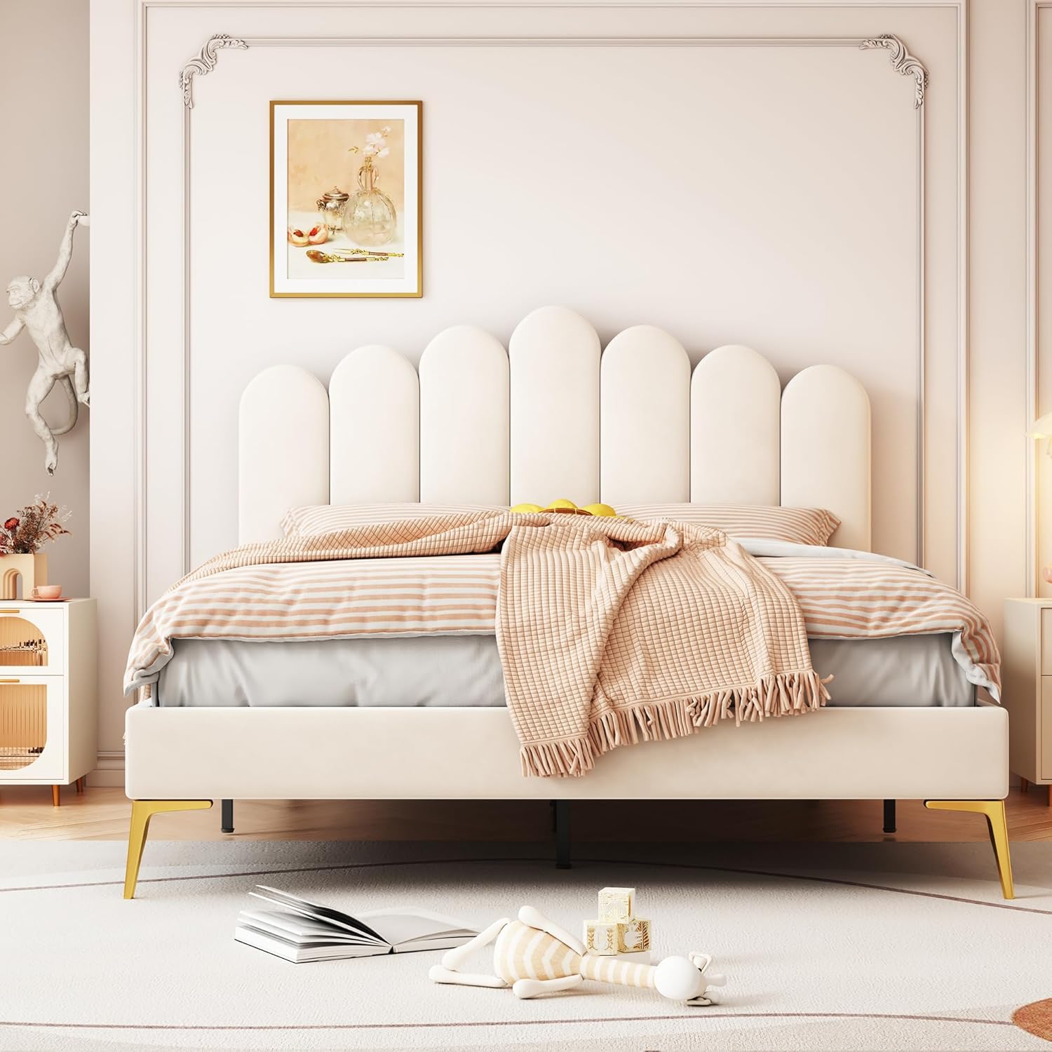 ZYLOYAL10 Polsterbett Doppelbett 140 x 200 cm, Bettgestell mit Kopfteil und Lattenrost, Erwachsenen-Jugendbett-Gästebett in hautfreundlichem Samtstoff (Beige, 140 x 200 cm)